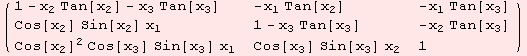 ( {{1 - x_2 Tan[x_2] - x_3 Tan[x_3], -x_1 Tan[x_2], -x_1 Tan[x_3]}, {Cos[x_2] Sin[x_2] x_1, 1 - x_3 Tan[x_3], -x_2 Tan[x_3]}, {Cos[x_2]^2 Cos[x_3] Sin[x_3] x_1, Cos[x_3] Sin[x_3] x_2, 1}} )