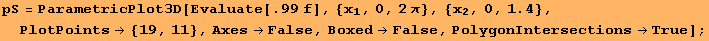 pS = ParametricPlot3D[Evaluate[.99 f], {x_1, 0, 2π}, {x_2, 0, 1.4}, PlotPoints→ {19, 11}, Axes→False, Boxed→False, PolygonIntersections→True] ;