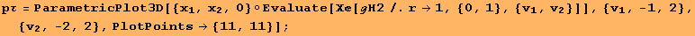 pτ = ParametricPlot3D[{x_1, x_2, 0} ◦Evaluate[Χ[ℊH2/.r→1, {0, 1}, {v_1, v_2}]], {v_1, -1, 2}, {v_2, -2, 2}, PlotPoints→ {11, 11}] ;