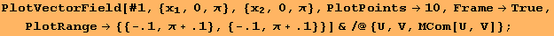 PlotVectorField[#1, {x_1, 0, π}, {x_2, 0, π}, PlotPoints→10, Frame→True, PlotRange→ {{-.1, π + .1}, {-.1, π + .1}}] &/@{U, V, ΜCom[U, V]} ;