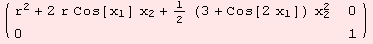 ( {{r^2 + 2 r Cos[x_1] x_2 + 1/2 (3 + Cos[2 x_1]) x_2^2, 0}, {0, 1}} )