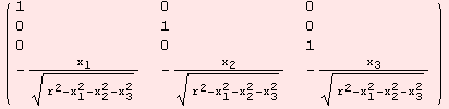 ( {{1, 0, 0}, {0, 1, 0}, {0, 0, 1}, {-x_1/(r^2 - x_1^2 - x_2^2 - x_3^2)^(1/2), -x_2/(r^2 - x_1^2 - x_2^2 - x_3^2)^(1/2), -x_3/(r^2 - x_1^2 - x_2^2 - x_3^2)^(1/2)}} )