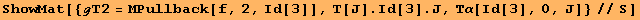 ShowMat[{ℊT2 = ΜPullback[f, 2, Id[3]], T[J] . Id[3] . J, Τα[Id[3], 0, J]}//S]