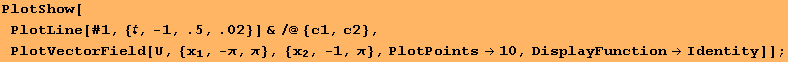 PlotShow[PlotLine[#1, {, -1, .5, .02}] &/@{c1, c2}, PlotVectorField[U, {x_1, -π, π}, {x_2, -1, π}, PlotPoints→10, DisplayFunction→Identity]] ;