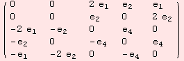 ( {{0, 0, 2 e_1, e_2, e_1}, {0, 0, e_2, 0, 2 e_2}, {-2 e_1, -e_2, 0, e_4, 0}, {-e_2, 0, -e_4, 0, e_4}, {-e_1, -2 e_2, 0, -e_4, 0}} )