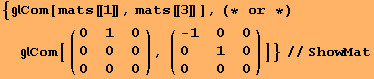 {Com[mats[[1]], mats[[3]]], (* or *)Com[( {{0, 1, 0}, {0, 0, 0}, {0, 0, 0}} ), ( {{-1, 0, 0}, {0, 1, 0}, {0, 0, 0}} )]}//ShowMat