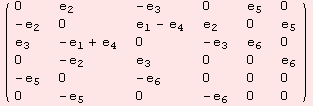 ( {{0, e_2, -e_3, 0, e_5, 0}, {-e_2, 0, e_1 - e_4, e_2, 0, e_5}, {e_3, -e_1 + e_4, 0, -e_3, e_6, 0}, {0, -e_2, e_3, 0, 0, e_6}, {-e_5, 0, -e_6, 0, 0, 0}, {0, -e_5, 0, -e_6, 0, 0}} )