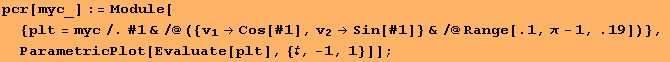 pcr[myc_] := Module[ {plt = myc/.#1&/@({v_1→Cos[#1], v_2→Sin[#1]} &/@Range[.1, π - 1, .19])}, ParametricPlot[Evaluate[plt], {, -1, 1}]] ;