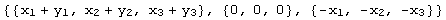 {{x_1 + y_1, x_2 + y_2, x_3 + y_3}, {0, 0, 0}, {-x_1, -x_2, -x_3}}