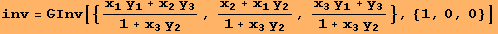 inv = Inv[{(x_1 y_1 + x_2 y_3)/(1 + x_3 y_2), (x_2 + x_1 y_2)/(1 + x_3 y_2), (x_3 y_1 + y_3)/(1 + x_3 y_2)}, {1, 0, 0}]