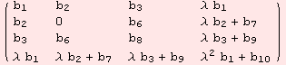 ( {{b_1, b_2, b_3, λ b_1}, {b_2, 0, b_6, λ b_2 + b_7}, {b_3, b_6, b_8, λ b_3 + b_9}, {λ b_1, λ b_2 + b_7, λ b_3 + b_9, λ^2 b_1 + b_10}} )
