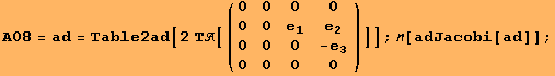 A08 = ad = Table2ad[2 Τ[({{0, 0, 0, 0}, {0, 0, e_1, e_2}, {0, 0, 0, -e_3}, {0, 0, 0, 0}})]] ; [adJacobi[ad]] ;