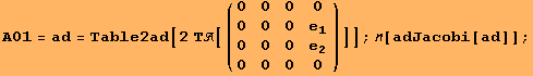 A01 = ad = Table2ad[2 Τ[({{0, 0, 0, 0}, {0, 0, 0, e_1}, {0, 0, 0, e_2}, {0, 0, 0, 0}})]] ; [adJacobi[ad]] ;