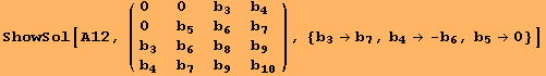 ShowSol[A12, ( {{0, 0, b_3, b_4}, {0, b_5, b_6, b_7}, {b_3, b_6, b_8, b_9}, {b_4, b_7, b_9, b_10}} ), {b_3→b_7, b_4→ -b_6, b_5→0}]