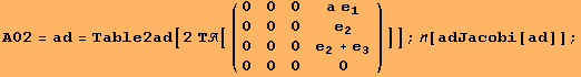 A02 = ad = Table2ad[2 Τ[({{0, 0, 0, a e_1}, {0, 0, 0, e_2}, {0, 0, 0, e_2 + e_3}, {0, 0, 0, 0}})]] ; [adJacobi[ad]] ;